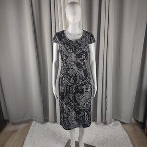Connected Apparel Womens Embroidered Black, White Print Midi Sheath Dress Size 6